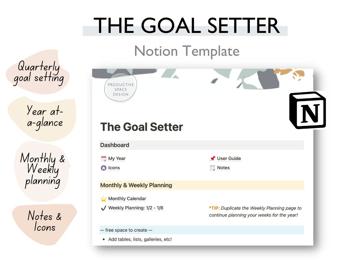 Notion Template: The Goal Setter Digital Planner Set  - Simple Monthly, Weekly Planning & Notion Icons