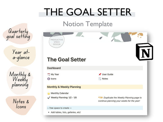 Notion Template: The Goal Setter Digital Planner Set  - Simple Monthly, Weekly Planning & Notion Icons