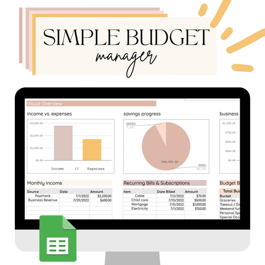 Simple Budget Manager: Google Sheets Digital Budget Planner, Track Bills, Savings, Income, ++Biz Hub